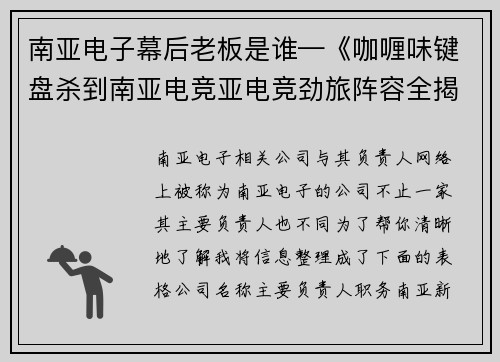 南亚电子幕后老板是谁—《咖喱味键盘杀到南亚电竞亚电竞劲旅阵容全揭秘》